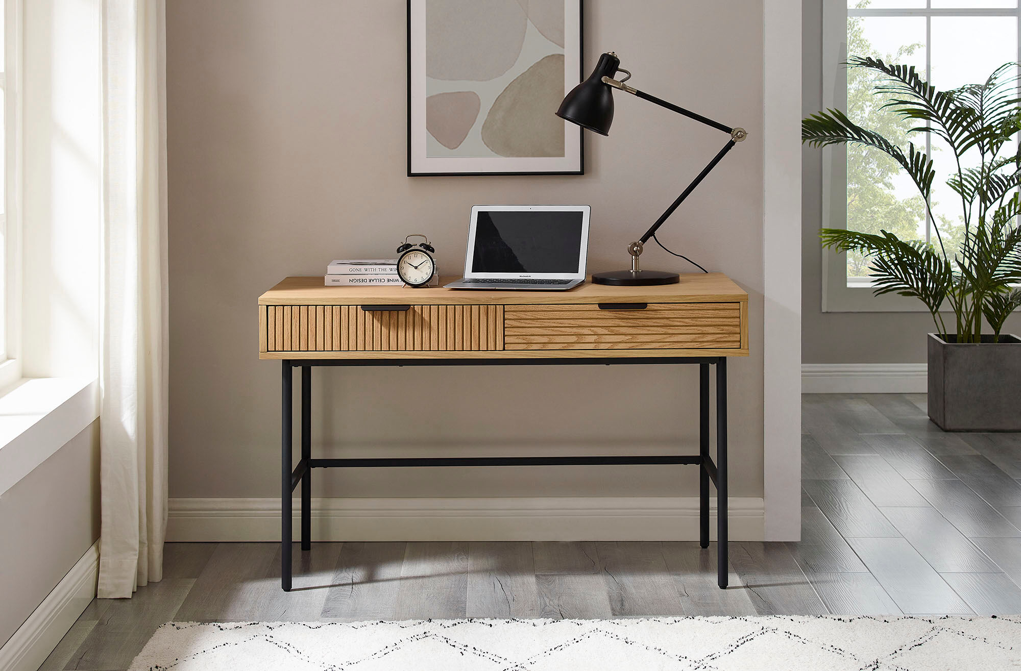 Schreibtisch SALESFEVER "Visby Design-Schreibtisch für effizientes Arbeiten", beige (natur, schwarz, schwarz, natur), B:120cm H:75cm T:60cm, MDF, Eiche Echtholzfurnier, Metall (Eisen), Tische, Schreibtisch, Eiche Echtholzfurnier natur, schwarz, schwarz, n