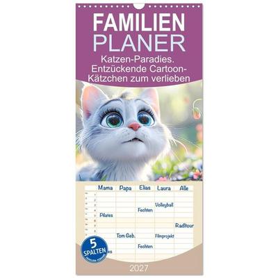Familienplaner 2027 - Katzen-Paradies. Entzückende Cartoon-Kätzchen zum verlieben mit 5 Spalten (Wandkalender, 21 x 45 cm) CALVENDO