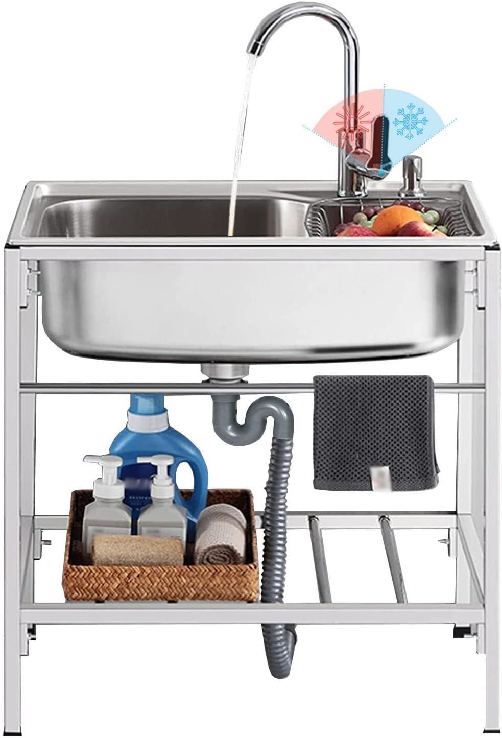 Tragbare Edelstahl-Spüle für den Außenbereich, Einzeltrog, große Küchenspüle mit Wasserhahn, Sieb und Abflussrohr