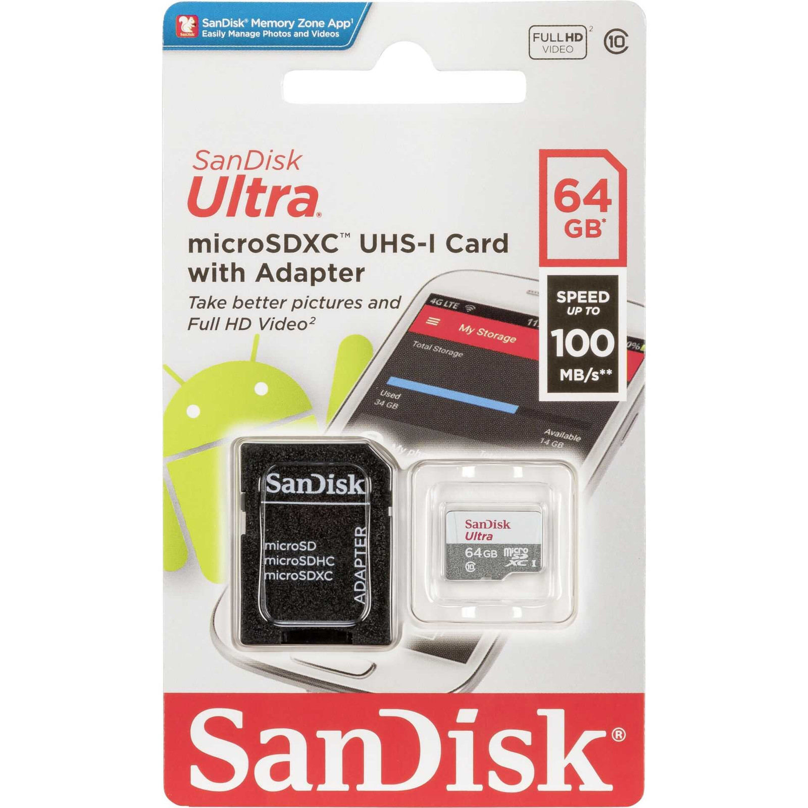 SanDisk Ultra microSDHC UHS-I geheugenkaart met adapter - 64 GB