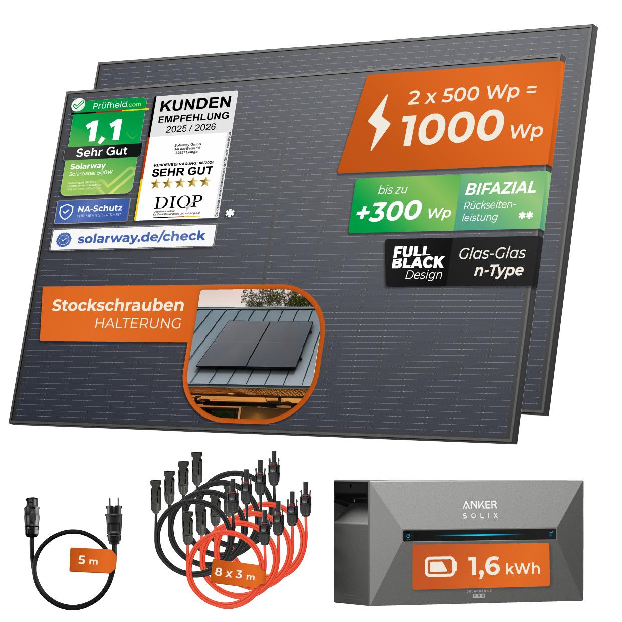 Solarway 1000Wp / 800W Balkonkraftwerk mit 1,6 kWh Speicher komplett Steckdose - 1,6 kWh Anker SOLIX 2 PRO Speicher
