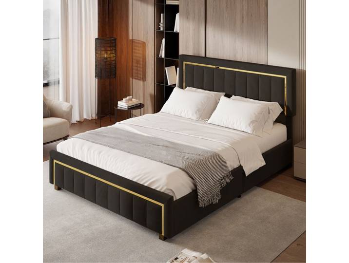 Lit coffre 160x200 cm - SOMUBI - Double - Velours noir - Rangement intégré - Design moderne