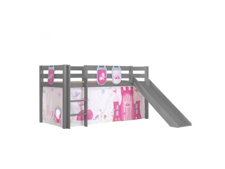Vipack Spielbett Pino inkl. Rutsche mit Textilset Vorhang und 3 Taschen Princes Kiefer massiv grau lackiert