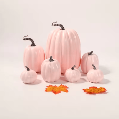 Inspire Curations 7PCS Artificial Pumpkin Decor Set Realistic Fall Harvest DIY & Halloween Decorations pink