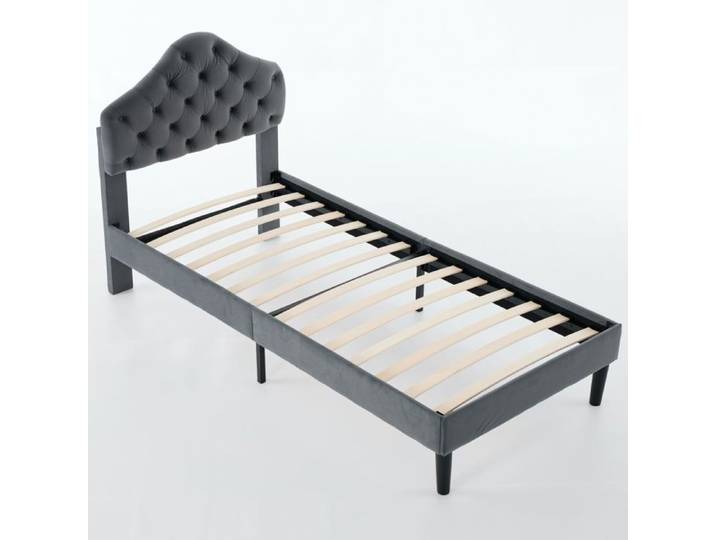 Lit plateforme rembourré 90x200 cm en velours gris avec tête de lit réglable