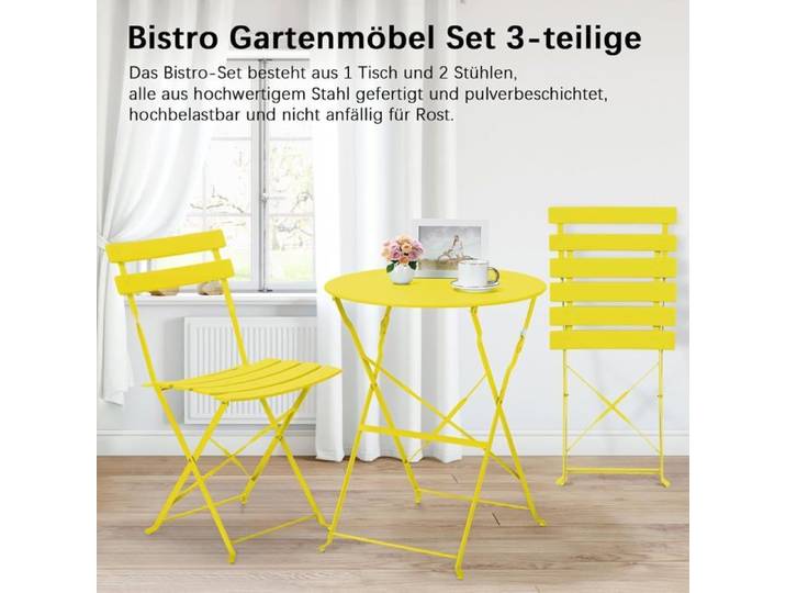 Salon de Jardin Pliable Set de Bistrot en Métal Table de Jardin 2 Chaises Pliantes Ensemble de Meubles de Balcon 3pcs Jaune