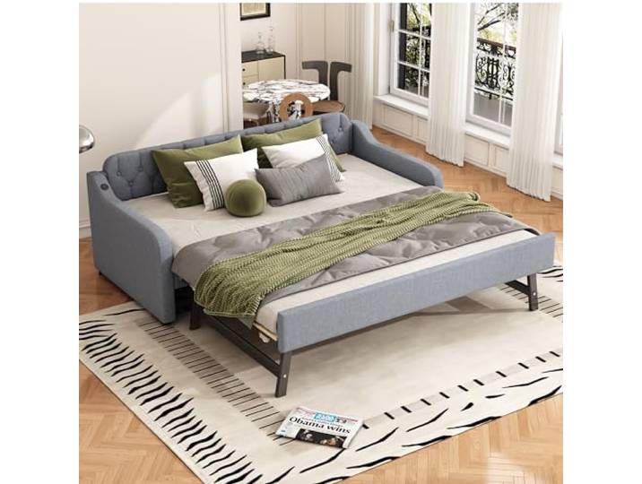 YuQozii 90 * 200cm Schlafsofa, Tagesbett, mit ausziehbares Rollbett, USB-Anschluss (Grau)