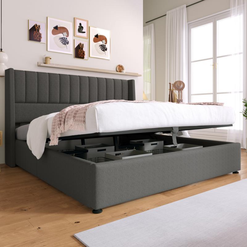 Stauraumbett Polsterbett Hydraulisch Doppelbett 140x200cm, Lattenrost aus Holz, Bett mit Lattenrost aus Metallrahmen, Leinen, Grau