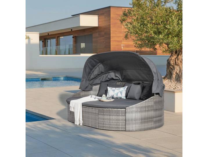 Ambia Garden Sonneninsel, Grau, Metall, Kunststoff, Füllung: Komfortschaum, 230x145x140 cm, wetterfest, verstellbares Dach, Loungemöbel, Sonneninseln