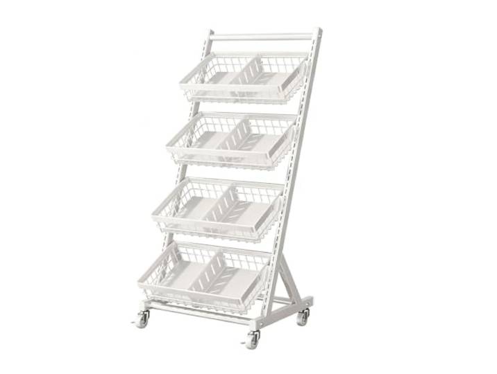 Dexinhdh Rollbarer Verkaufsständer für Snacks Metall-Obstkorb und Gemüseständer für Supermärkte, Convenience-Stores und Gewerbebetriebe(White,B)