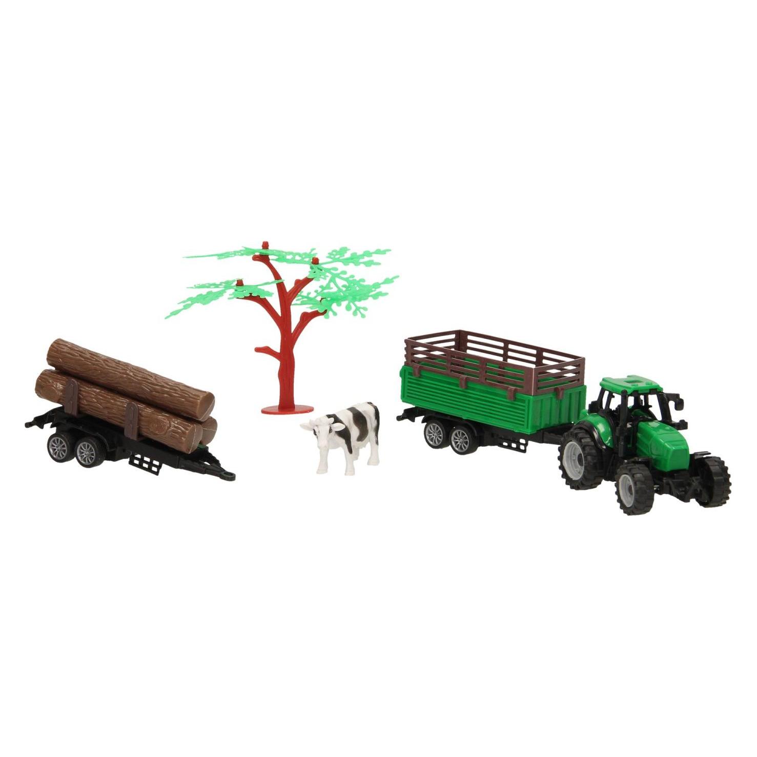 Lobbes Traktor mit Anhänger, Baumstämmen und Kuh (60096582)
