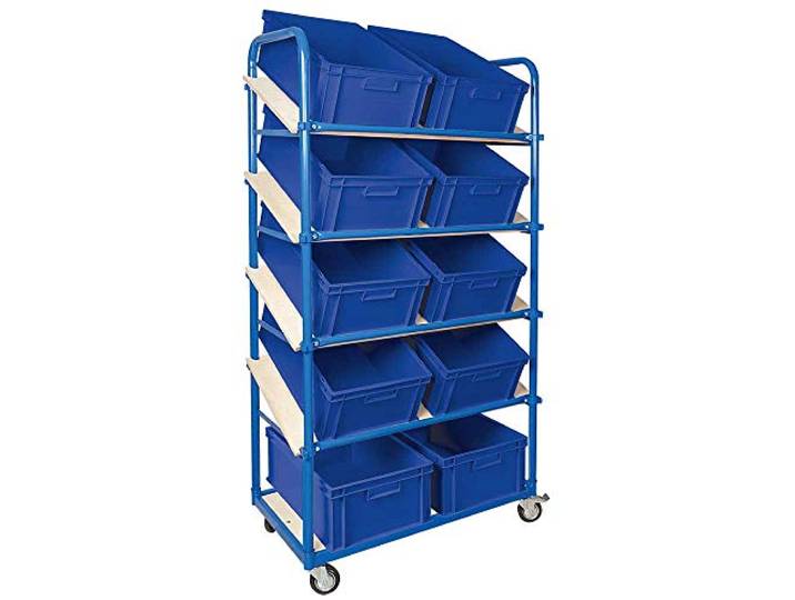 BRB Schrägboden-Regalwagen mit 5 Ebenen, bestückt mit 10 Euroboxen 600x400x220 mm blau