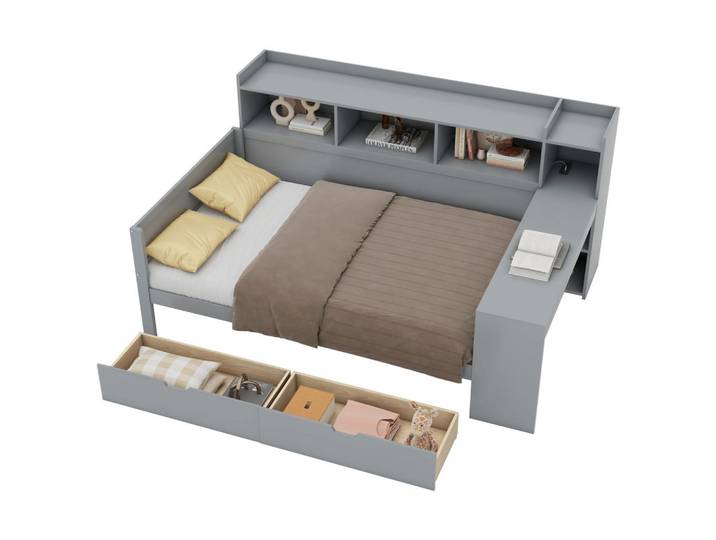 Flieks Schlafsofa 90x200cm Grau Spanplatte Nachttischablage Schreibtisch Usb, Holz, 90x200 cm, Schlafzimmer, Betten