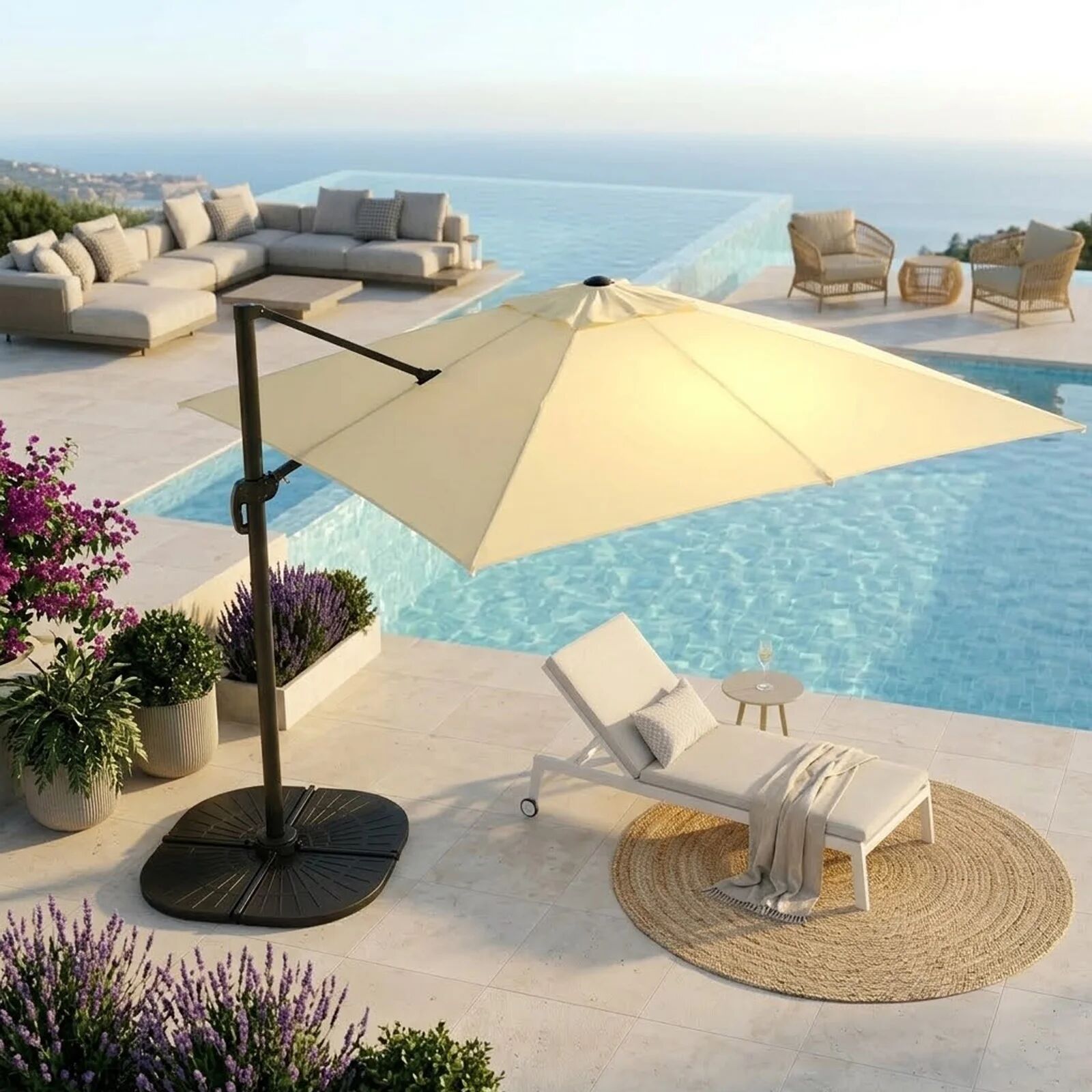 garneroarredamenti Ombrellone da giardino 3x3m orientabile a 360° con palo laterale telo ecrù struttura nera Levante