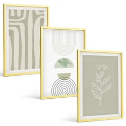 BILDER SET 3er Set - 40x60 cm Goldrahmen - Geometrische Pflanzenmuster