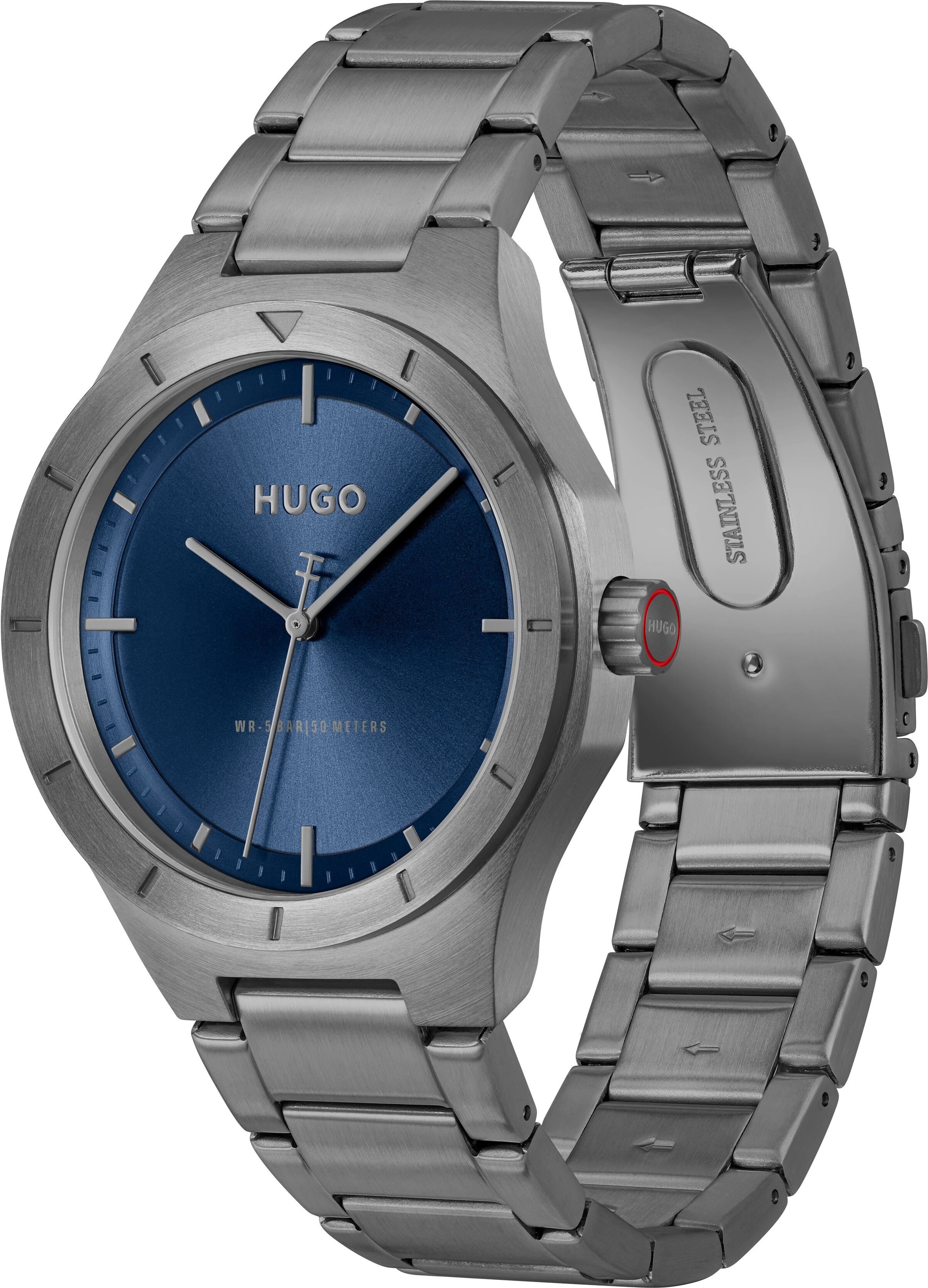 Quarzuhr HUGO "LIT", blau (grau, blau), Armbanduhren, Herren, grau, Quarzuhr, Armbanduhr, Herrenuhr, Edelstahlarmband, analog