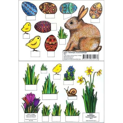 Ostern - Bastelbogen, Ausschneidebogen. Osterhase, Ostereier, Küken und Blumen zum Basteln.