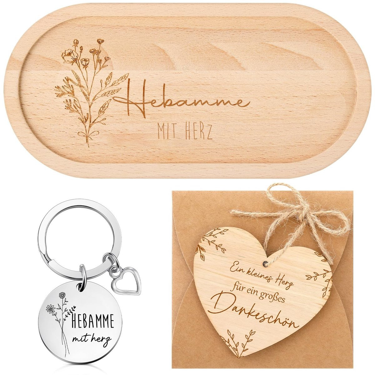 Dailygoods Cadeau voor Vroedvrouw - Houten Dienblad met Hartvormige Sleutelhanger