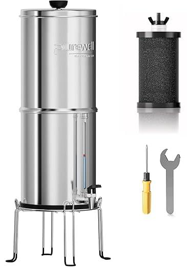 Tragbarer Schwerkraft-Wasserfilter 3,8L - 4-stufiges Filtersystem (0,01 ?m) mit Wasserhahn, Wasserstandsanzeige und Ständer Reduziert 99% Chlor - Ideal für Camping, Wohnmobil und Haushalt