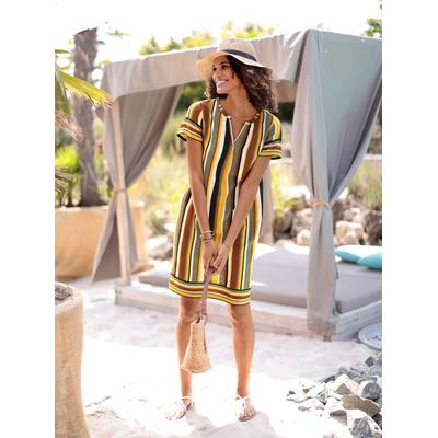 Druckkleid CASUAL LOOKS "Kleid", Damen, Gr. 46, Normalgrößen, Kurzarm, bunt (ocker, khaki, gestreift), 100% Viskose, gemustert, gestreift, mehrfarbig, kurz, Rundhals, Kleider Druckkleid