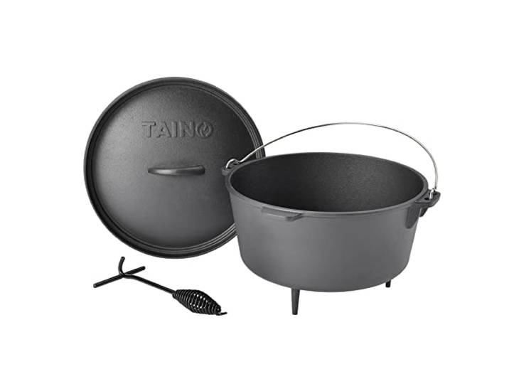 TAINO Dutch Oven 8L aus Gusseisen Ø 30cm Feuertopf Brotbackform Set Deckelheber Ständer Cast Iron Schmortopf mit Füßen Gusstopf ideales Grillzubehör Dopf