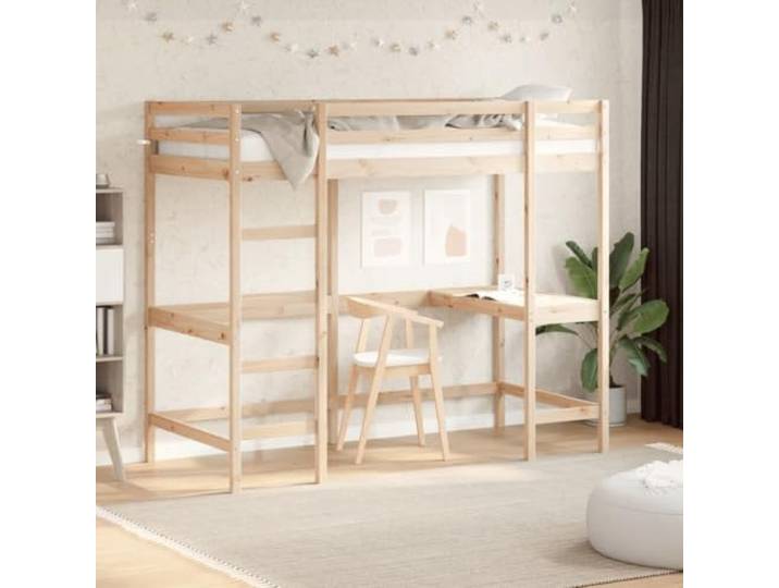 RJPLMFV Hochbett, 90 x 200 cm, mit Schreibtisch, Kiefer massiv Sicherheitsgeländer, Latten inklusive, Wandbefestigung inklusive, für Kinderzimmer