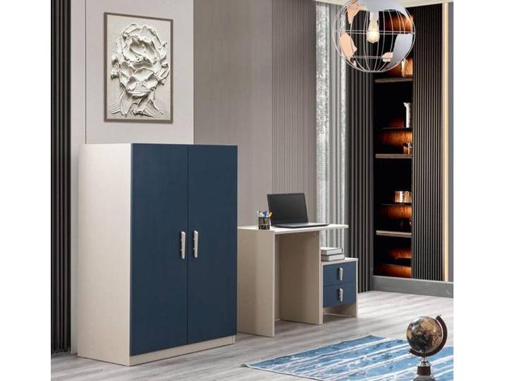 Xlmoebel Kleiderschrank Blaues Holz-Möbelset von XLMOEBEL für Schlafzimmer und Home-Office (Kleiderschrank, Schreibtisch, Nachttisch, 3-St., Kleiderschrank, Schreibtisch, Nachttisch) Made in Europa