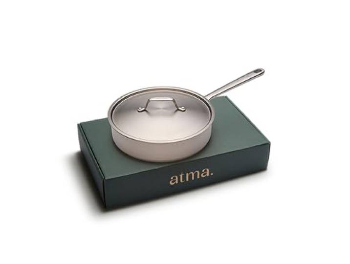 Atma - Schmorpfanne Edelstahl 24 cm - 3-lagig - mit Deckel - PFAS-frei Genieteter Griff - Edelstahl 18/10 Ohne Beschichtung & PTFE - Gesundes Garen - Alle Herdarten - Frankreich