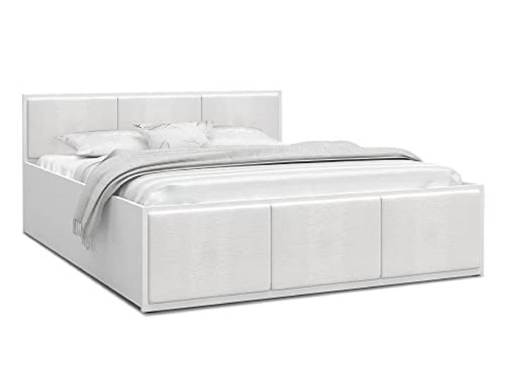 FurnitureByJDM Bett 120x200 mit Stauraum & Gepolsterte Einsätze Doppelbett mit Bettkasten und aufklappbarem Lattenrost – Stauraumbett mit Liftfunktion PANAMA (Weiß/Weiße Einsätze)