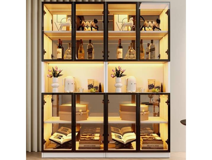 Ensemble de 2 vitrines 140x30x170cm vitrine en verre avec éclairage LED et dosseret miroir vitrine avec portes en verre gris