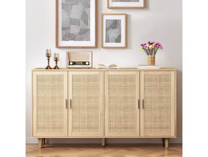 Buffet - 158CM - 4-Portes en Rotin - Pieds en Bois Massif - Étagère Réglable - Élégant
