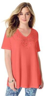 Plus Size Women's Eyelet Swing Tee by Roaman's in Sunset Coral (Size 12)