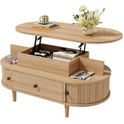 Merax Couchtisch mit höhenverstellbarer Hubplatte, ovaler Wohnzimmertisch mit Schublade & Schiebetüren, 105 x 50 x 60.5 cm, Naturholzfarbe