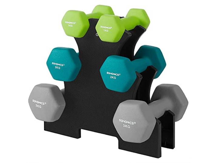 SONGMICS Halterset, met halterstandaard, 2 x 1 kg, 2 x 2 kg, 2 x 3 kg