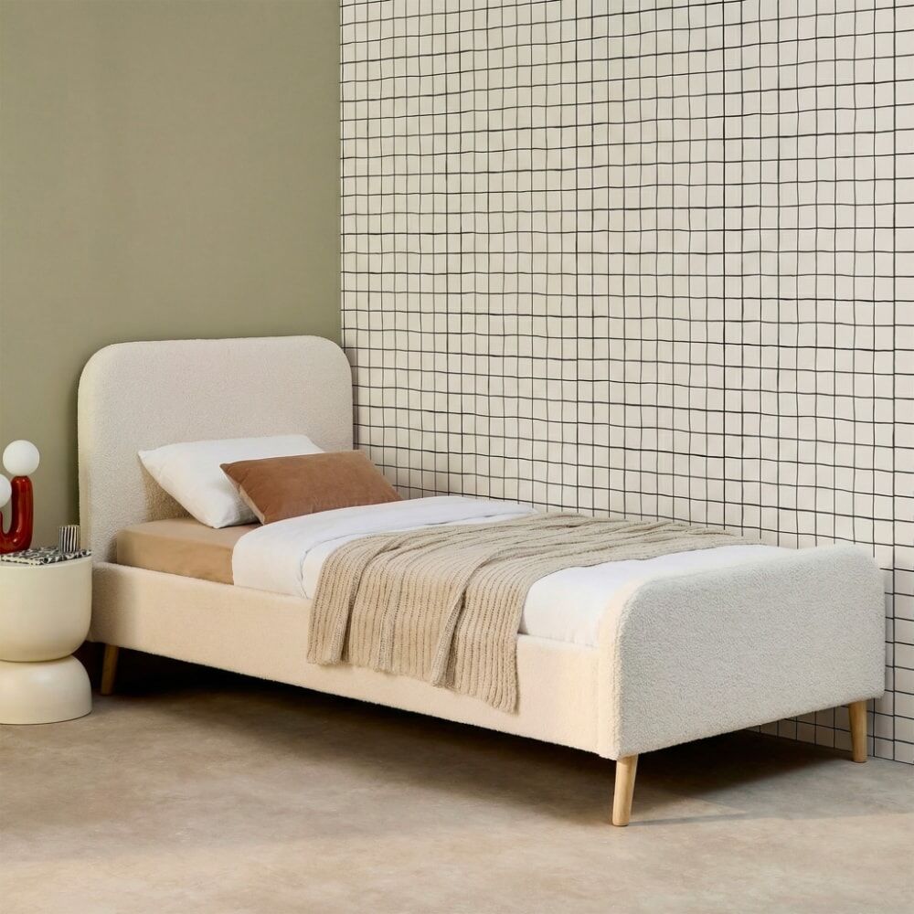 sweeek Cama con somier y cabecero acolchado borreguito, 90x190cm, crema