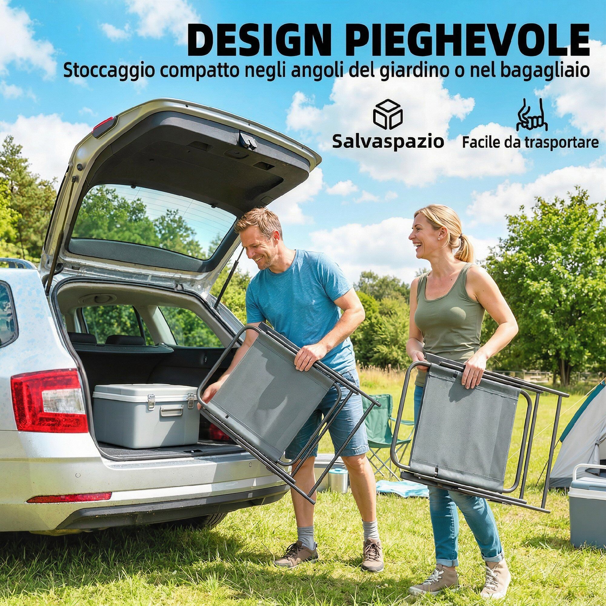 Altro Set Di 2 Sedie Pieghevoli Da Giardino Con Braccioli E Seduta In Rete, Grigio