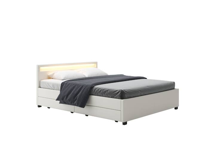 Lederbett LED TRANCE 160 x 200 cm weiss