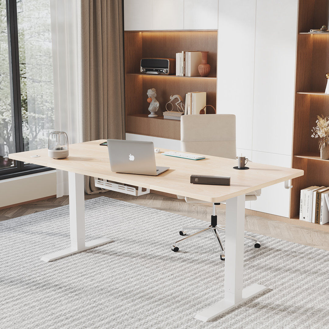 Zipcode Design Hieronymus Electric Adjustable T-Shape Standing Desk Home Desk With Backpack Hook And Memory Smart Pannel Beige 180cm W x 80cm D