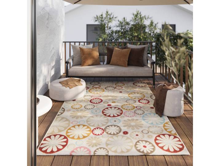 Outdoorteppich WECON HOME Flowerdrops , bunt (beige,bunt), B:120cm H:5mm L:170cm, Polypropylen, Teppiche, Outdoorteppich, Läufer, für Innen & Aussen, pflegeleicht, Hoch-Tief Effekt