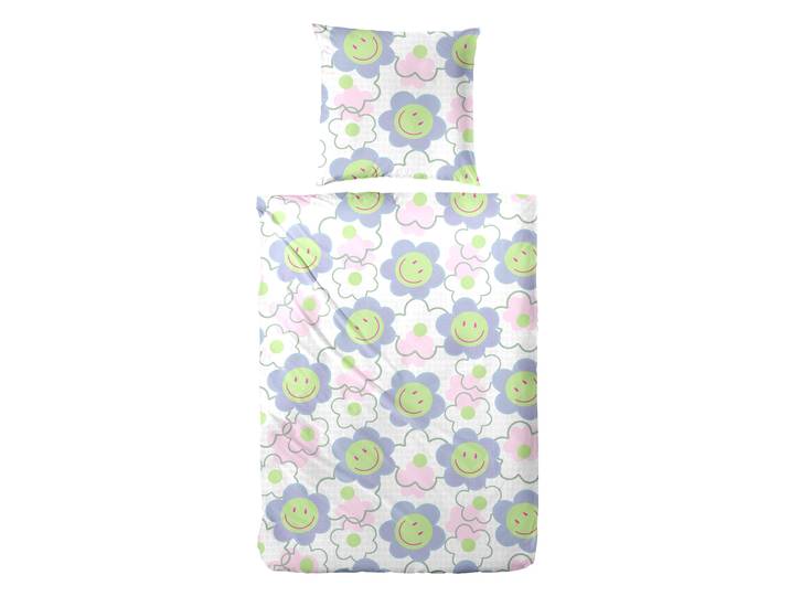 Bettwäsche PRIMERA Renforce-Bettwäsche Smile for me , blau, B/L: 155cm x 220cm, 1 Stk., 1 Stk., Renforcé, B/L: 80cm x 80cm, 2 Stk., Renforcé, Obermaterial: 100% Baumwolle, Bettwäsche, Bettwäsche, mit Smiley Blüten in bunten Farben