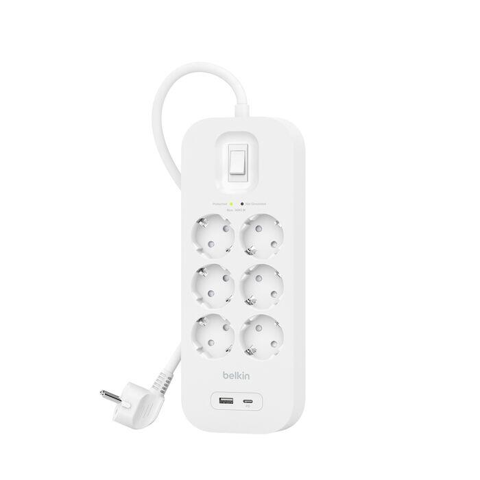 Belkin Connect Überspannungsschutz mit sechs Steckdosen, einem USB-C- und einem USB-A-Anschluss SRB002vf2M-V2