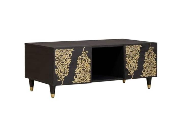 LASWWQMRF Couchtisch Schwarz 100x54x40cm Massivholz Mango Wohnzimmer Eleganter Sofatisch aus reinem Mangoholz mit Messingbeinen und 3 Fächern für Ordnung im Wohnzimmer.