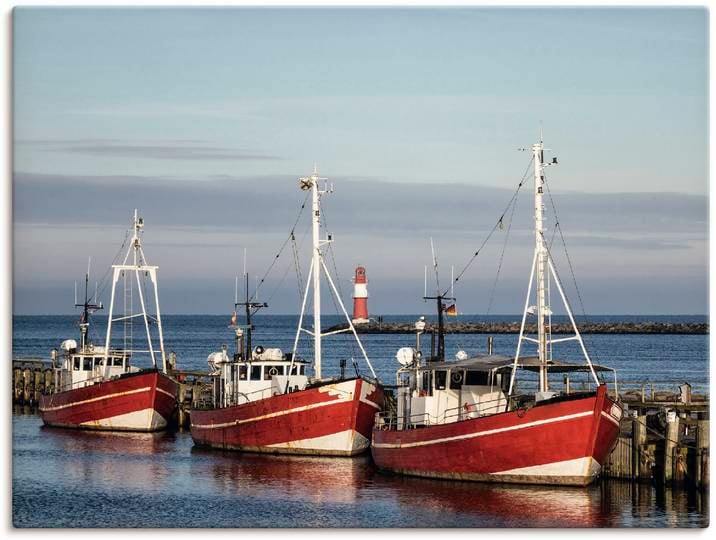 Leinwandbild ARTLAND Fischerboote und Mole in Warnemünde , rot (farbe bild(er): rot), B:60cm H:45cm, Bilder, Leinwandbild, auf Holzrahmen gespannt