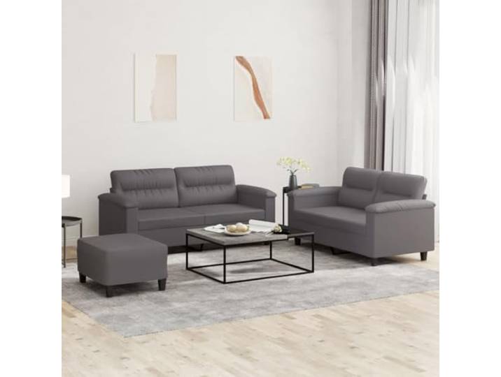 HEFZGDB 3-TLG. Sofagarnitur Grau Kunstleder mit Kissen, Langlebiges Sofaset für Wohnzimmer, Robuster Metallgestell und Bequeme Polsterung, Vielseitiger Hocker als Sitzgelegenheit