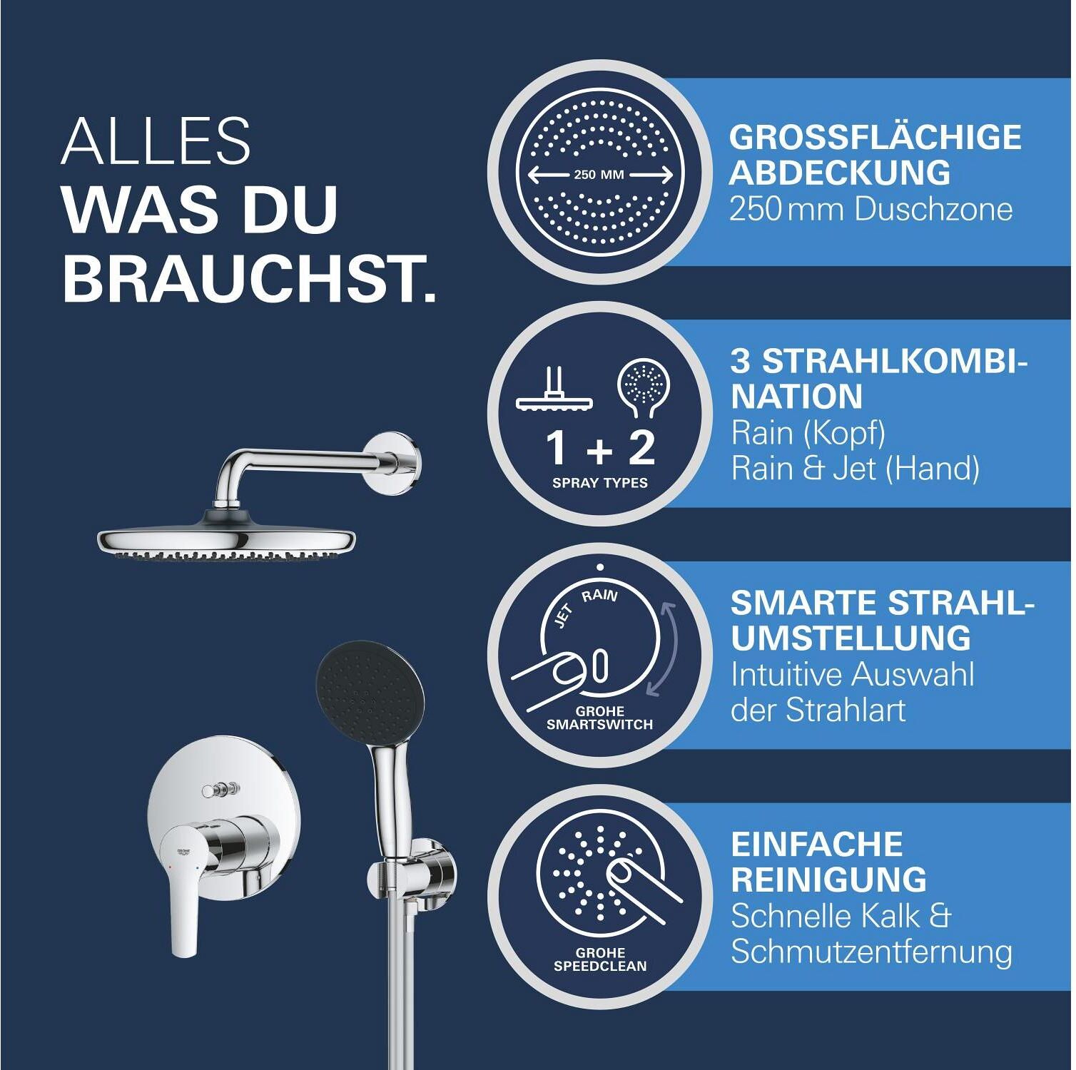 Duschsystem GROHE "Vitalio Start 250", grau (chromfarben), Brausegarnituren, Duschsystem chromfarben Einheitsgröße