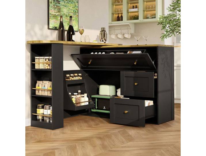 Buffet de cuisine 138-204 × 39 × 105 cm avec table de bar extensible Buffet bas avec étagère à snacks Buffet salon en noir
