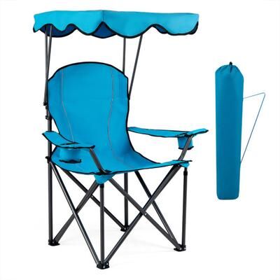 Costway Portable Folding Beach Canopy Chair with Cup Holders-Light Blue