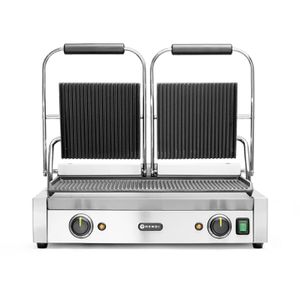 Hendi Kontaktgrill Doppelversion, 263709, 3600 Watt, gerillte Gusseisen Grillplatte
