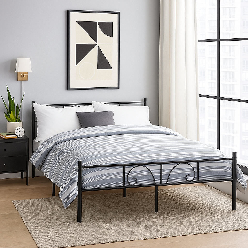 ClassicLiving Adrina Minimalist Black Metal Bed Frame With Heart Scroll Design Black Double (4'6)