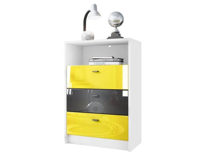 Vladon Kommode Pino V2 (Anrichte, mit 3 Schubladen), Fußball Liga Dresden - Gelb, Schwarz & Gelb glänzend (56x86,5x36 cm)